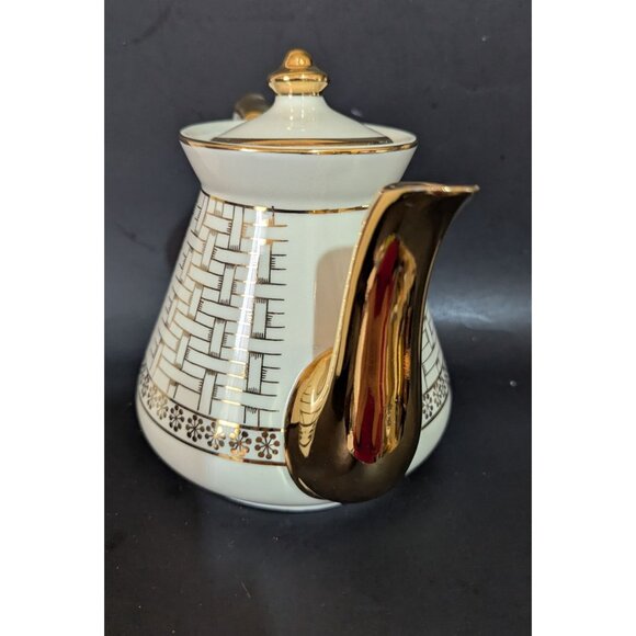 Hall Gold Label Kitchenware Teapot Ivory Gold Basket Weave 6 Cup USA 1941 - Picture 8 of 11